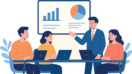 Teamwork and Analytics: A modern illustration shows a team of professionals engaging in a meeting. a clear indication of collaboration and data-driven insights.