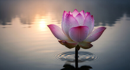 Beautiful pink lotus flower blooming on calm water surface with soft morning sunlight reflection.