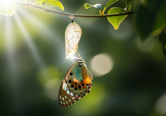 Close-up of a butterfly hatching from a chrysalis in nature, sunbeams through leaves and water reflection background.