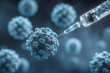 cancer vaccine, conceptual 3D illustration of a virus particle and a syringe injecting an injection, vaccine into a virus