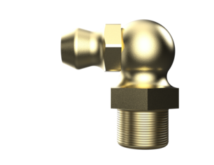 High-Quality 3D Render of a Brass 90-Degree Elbow Zerk Grease Fitting for Hydraulic and Industrial Lubrication Systems, Isolated on PNG Transparent Background for Professional Engineering Design.