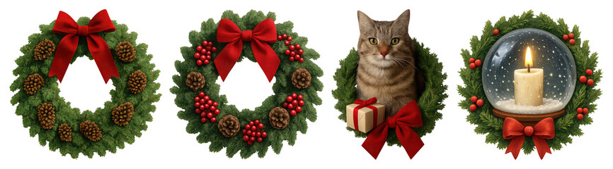 Obraz premium PNG Festive wreaths cat candle, transparent background