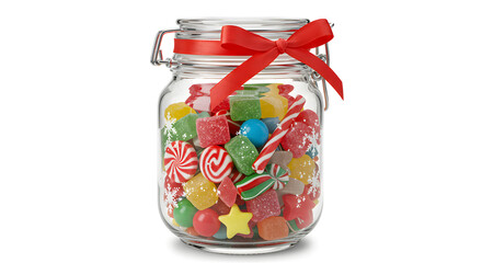 Festive holiday cheer with a jar overflowing with colorful Christmas candies tied with a bright red bow, perfect for seasonal promotions and sweet treat designs, joyful and inviting imagery
