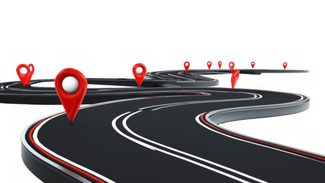 Curvy road marked with red in a clear area, AI, PNG