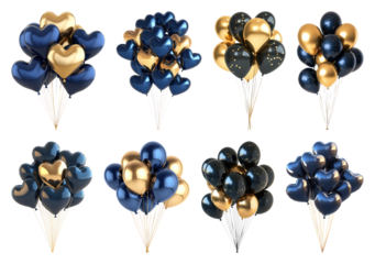PNG Elegant gold blue heart balloons, transparent background
