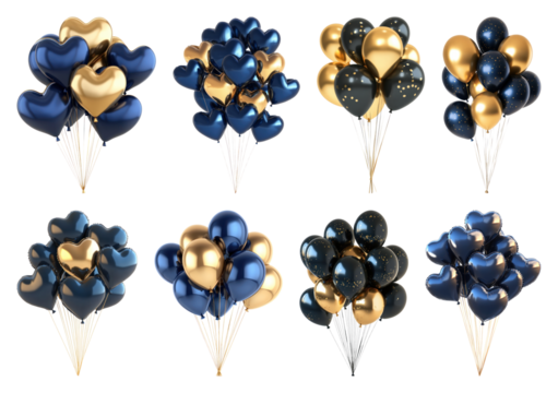 PNG Elegant gold blue heart balloons, transparent background
