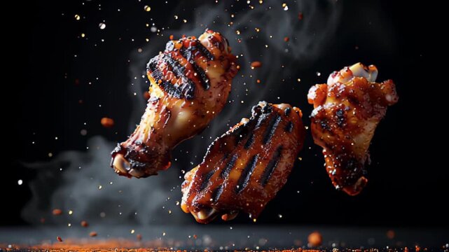 Delectable grilled chicken wings in mid-air with spices and smoke effects