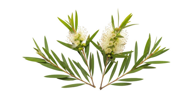 Blooming tea tree branches with leaves and flowers isolated on white background detailed photography expressing tea,
