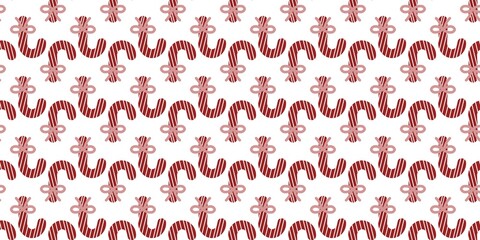 Red and white striped candy canes seamless pattern. A seamless pattern with festive red and white striped candy canes intertwined with small pink bows on a clean white background.