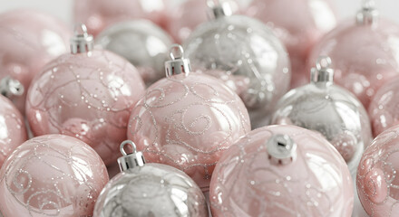 Elegant pink and silver Christmas ornaments with delicate glitter details create a festive and dreamy holiday mood, perfect for seasonal greetings and stylish celebrations
