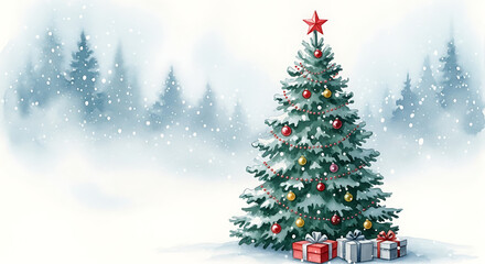 Fototapeta premium Christmas Tree in Winter Landscape with Gifts and Snowy Forest
