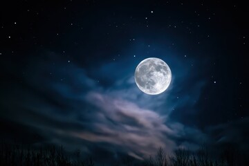 Fototapeta premium Moonlight and Wispy Clouds in a Deep Indigo Night Sky