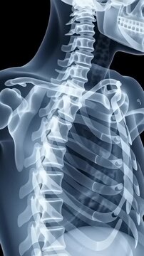 Detailed 3D rendering of the human upper torso skeleton, showcasing the thoracic and cervical spine on a radiographic blue background