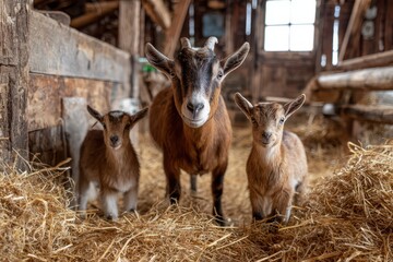Mother goat with two brown kids in a sunlit rustic barn