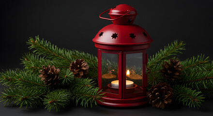 Warm holiday glow from a red lantern amidst pine boughs and cones, creating a cozy and festive atmosphere perfect for seasonal greetings and winter celebrations, a symbol of peace