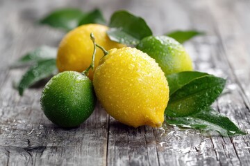 Natural Light Citrus Arrangement: Lemons, Limes and Leaves on a Wood Table