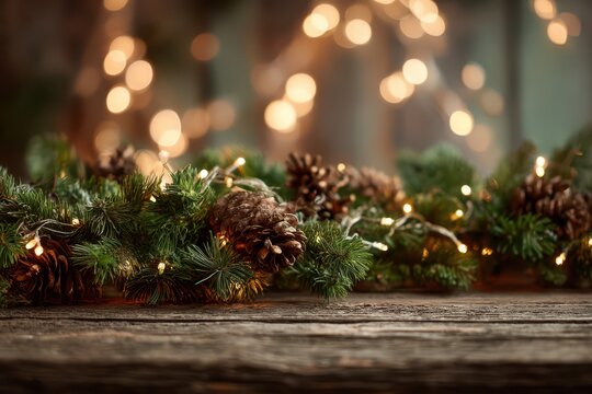 Natural holiday garland decor with evergreen greens, pine cones, and a warm amber glow - Powered by Adobe