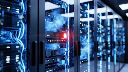 Server racks in a data center, glowing with blue and red light, data transfer concept - Powered by Adobe