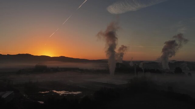 Industrial pollution in the morning sunrise light