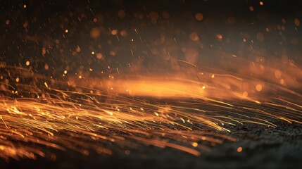 Night scene of cascading fire sparks with soft glow and motion trails for dramatic background texture