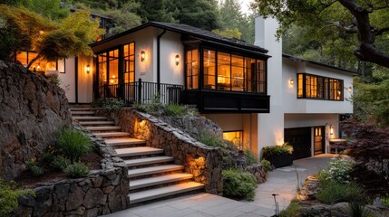 Fototapeta premium Elegant home exterior with stone steps and warm interior lighting