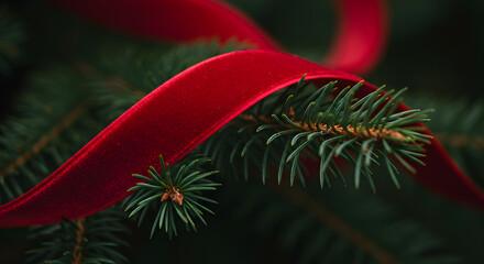 Elegant red velvet ribbon gracefully entwined around vibrant green Christmas tree branches, evoking holiday cheer and warmth, perfect for festive designs and seasonal promotions