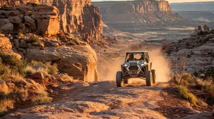 Off-road vehicle conquering a rocky desert trail under dramatic skies