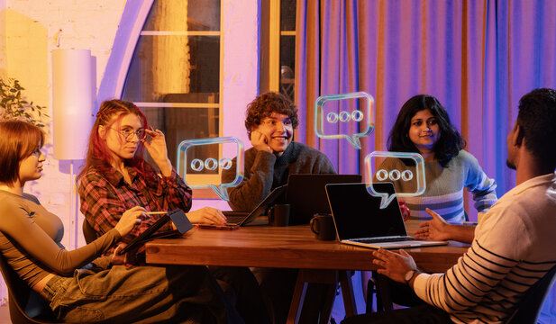 Warm collage of creative team discussing ideas with glowing glass-liquid chat icons. Concept of teamwork, brainstorming, creative communication, collaborative workflow vibes. - Powered by Adobe