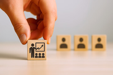 real estate concept  - Leadership and Team Development – Wooden Blocks with Presenter and Individual Icons for Business Strategy Concepts