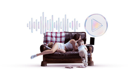 Cozy composition of mother and kids watching laptop with soundwave and glass-liquid play icon. Concept of family media time, online entertainment, home relaxation moments.