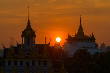 Wat Phu Khao Thong, Bangkok, Thailand at sunrise, silhouette golden mountain