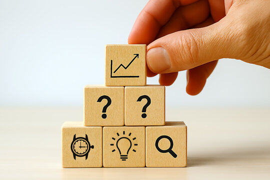 wooden blocks with word help- Strategic Growth Pyramid – Wooden Blocks with Graph, Time, Idea, Research, and Question Icons