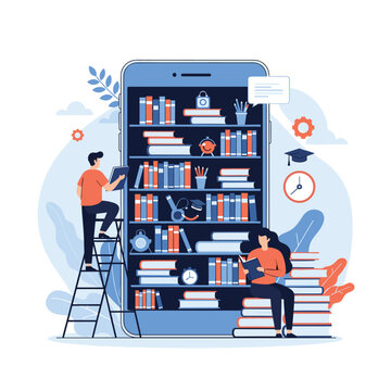 People reading and choosing books from a digital library on a giant smartphone representing e-learning and online education.
