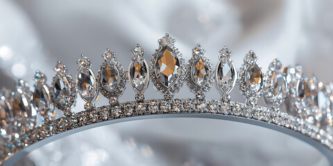 Sparkling silver tiara on white satin