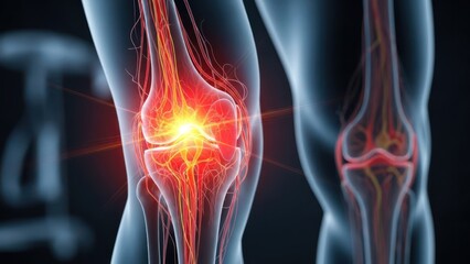 3D render of human knee joint with intense pain, glowing red and yellow