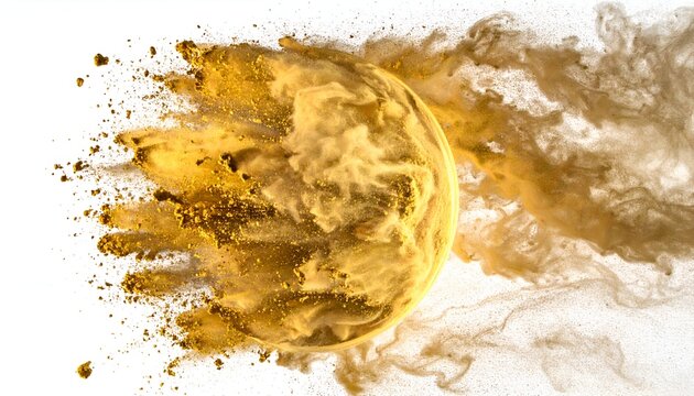 Golden sphere exploding into powder cloud on white, dynamic abstract art