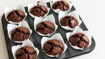A black muffin tin holds ten freshly baked chocolate muffins in white paper liners