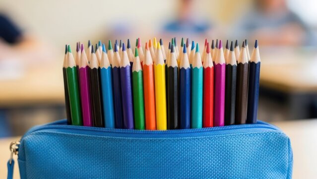 A blue pencil case filled with a vibrant rainbow of sharpened colored pencils - Powered by Adobe