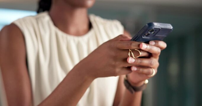 Hands, creative and woman with phone in office to email source, verify story and networking. Journalist, typing and mobile for copywriting, submission approval and schedule interview for publication