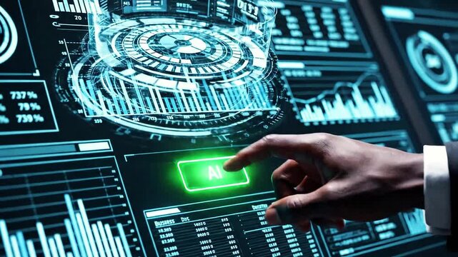 Hand pressing green "AI" button on holographic interface with charts, graphs, and futuristic data visuals.