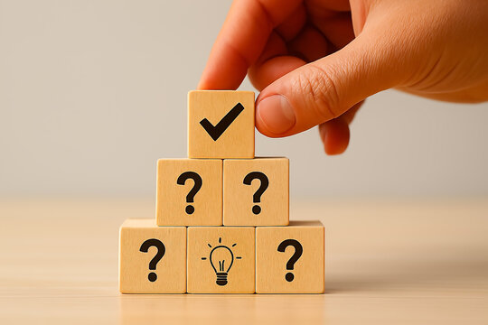 Problem-Solving Pyramid – Wooden Blocks with Question Marks, Light Bulb, and Checkmark Symbol for Decision-Making Concepts