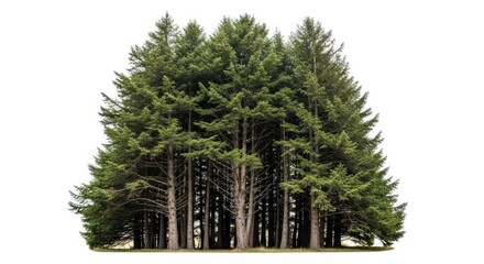 A dense cluster of tall, green conifer trees isolated against a pure white background