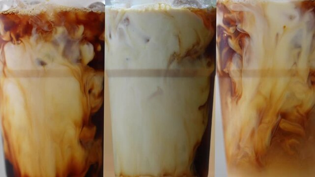 4K Visually triptych shows iced coffee in three stages black coffee with ice milk blending in and the final creamy swirl, Textures and dynamic motion of the beverage.