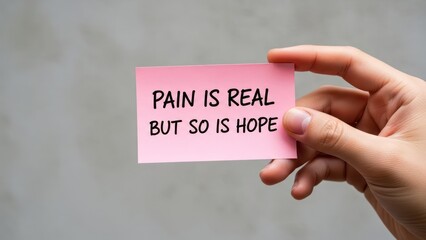 A hand holds a pink sticky note with 'PAIN IS REAL BUT SO IS HOPE' text on grey