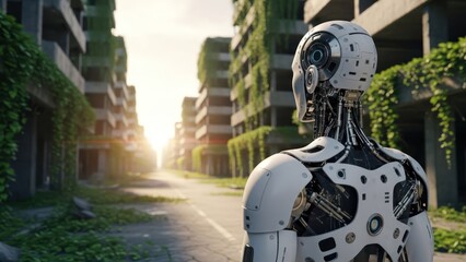 A humanoid robot surveys a desolate, overgrown city street at sunrise, buildings in ruins