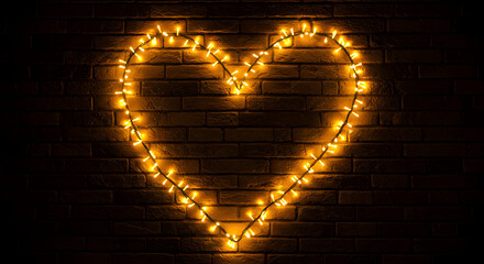 Romantic heart shaped fairy lights on brick wall backdrop, perfect for Valentine's Day or wedding designs, adding a warm and loving glow to any project with its charming aesthetic