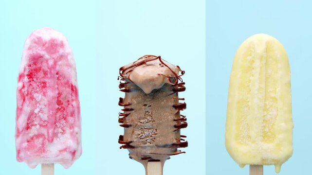 4K footage vertical video trio of colorful ice cream pops strawberry chocolate with drizzle and vanilla stand side by side against bright blue backdrop.