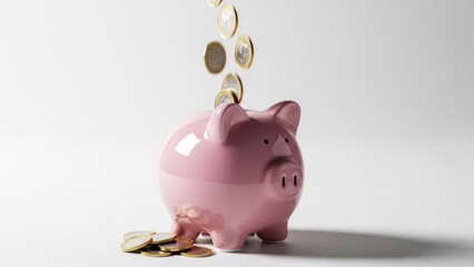 A pink ceramic piggy bank on white, with coins falling into its back slot and scattered