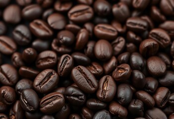 Obraz premium Rich, dark roasted coffee beans close-up on black background, stock photo, energy