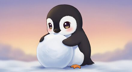 Adorable baby penguin with rosy cheeks hugs a big snowball, radiating winter cheer and childlike wonder, perfect for holiday greetings and endearing kids' content